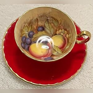 🌺50’s Vintage AYNSLEY Orchard Fruit U.K. Bone China Peaches Red Tea Cup & Saucer